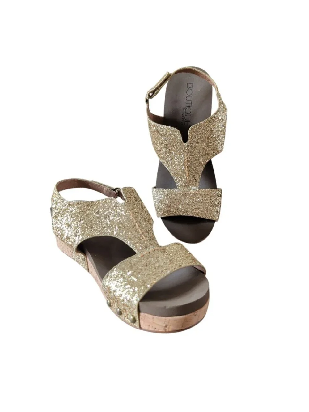 Boutique by Corkys Refreshing Sandals Womens 11 Gold Glitter Cork Wedge Studded